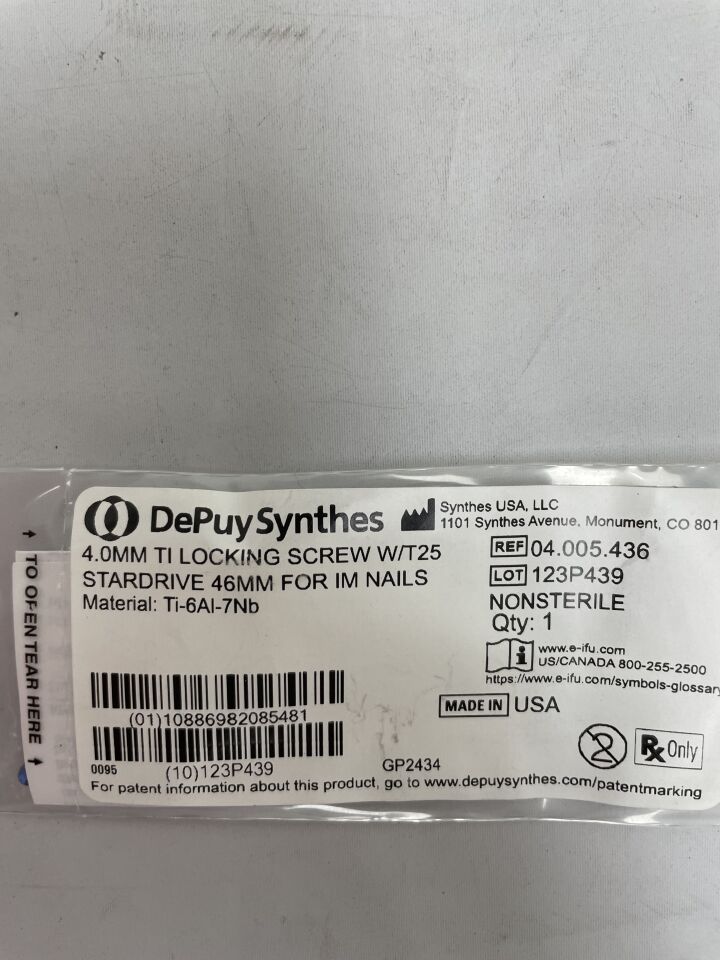04.005.436 - SYNTHES - 4.0mm ti locking screw w/t25 stardrive 46mm for im nails, (EA) - ( Expiry Date: 2099-12-31 )
