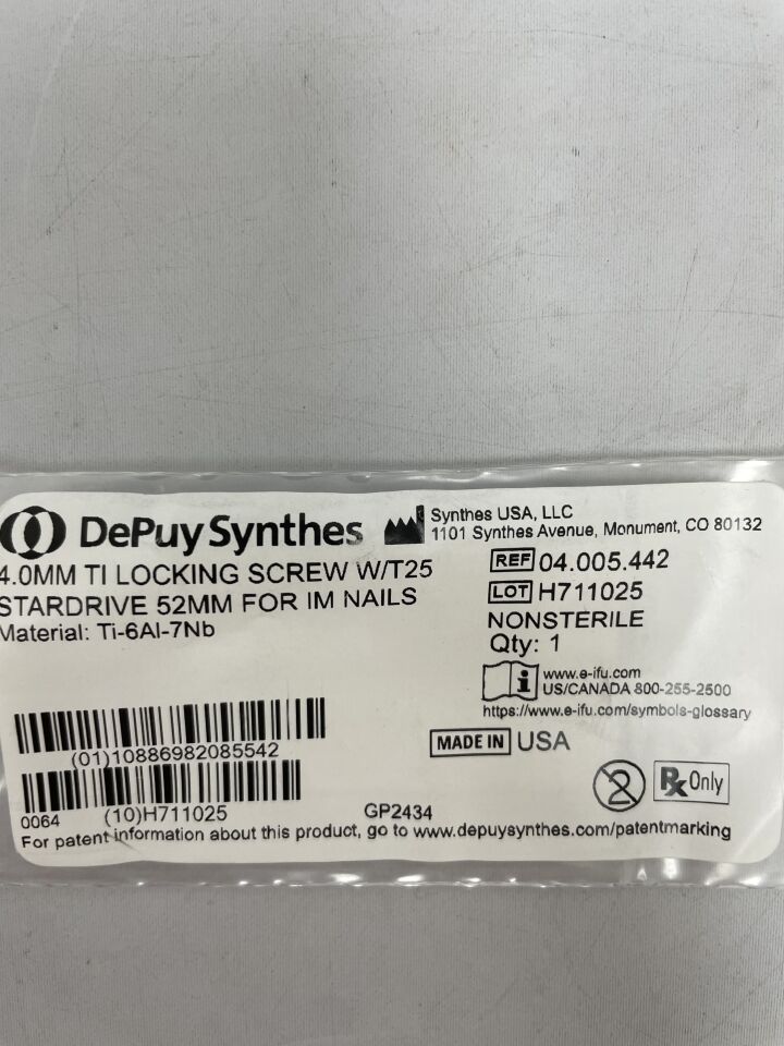 04.005.442 - SYNTHES - 4.0mm ti locking screw w/t25 stardrive 52mm for im nails, (EA) - ( Expiry Date: 2099-12-31 )