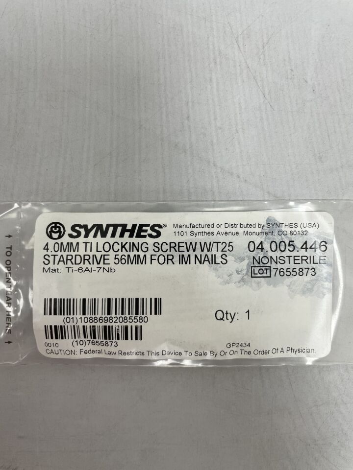 04.005.446 - SYNTHES - 4.0mm ti locking screw w/t25 stardrive 56mm for im nails, (EA) - ( Expiry Date: 2099-12-31 )