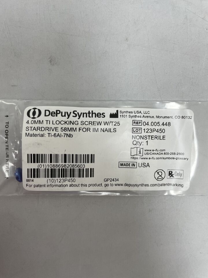 04.005.448 - SYNTHES - 4.0mm ti locking screw w/t25 stardrive 58mm for im nails, (EA) - ( Expiry Date: 2099-12-31 )