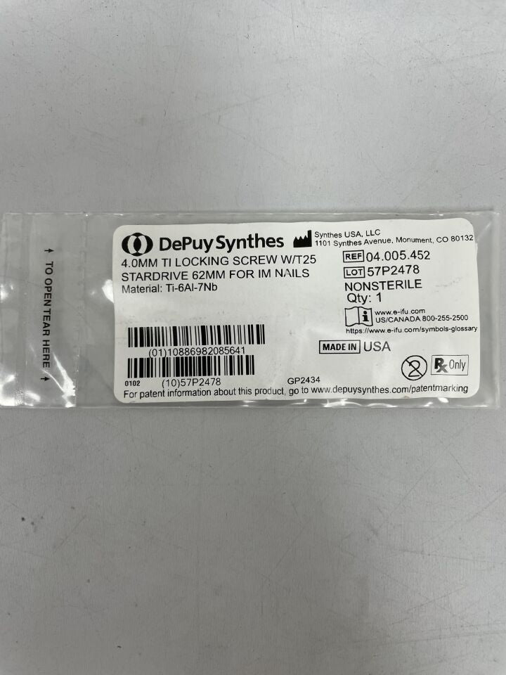 04.005.452 - SYNTHES - 4.0mm ti locking screw w/t25 stardrive 62mm for im nails, (EA) - ( Expiry Date: 2099-12-31 )