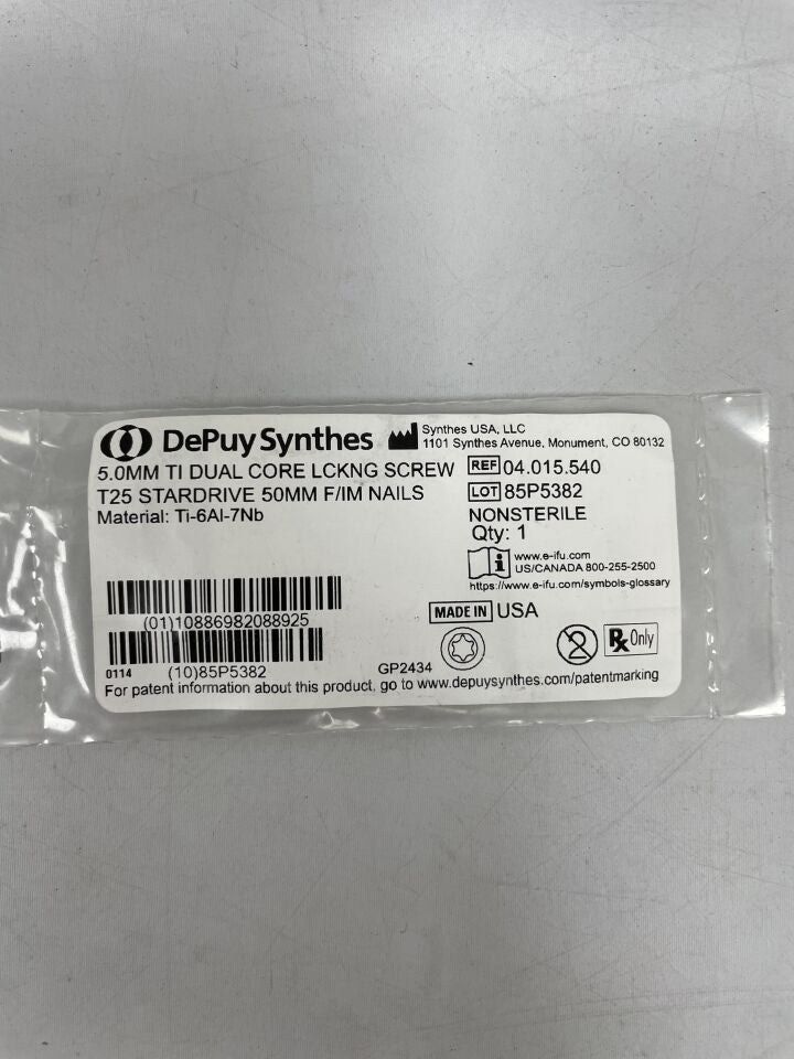 04.015.540 - SYNTHES - 5.0mm ti dual core lckng screw t25 stardrive 50mm f/im nails, (EA) - ( Expiry Date: 2099-12-31 )