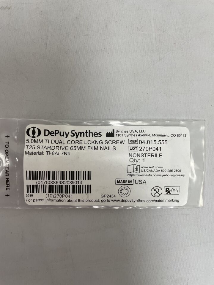 04.015.555 - SYNTHES - 5.0mm ti dual core lckng screw t25 stardrive 65mm f/im nails, (EA) - ( Expiry Date: 2099-12-31 )