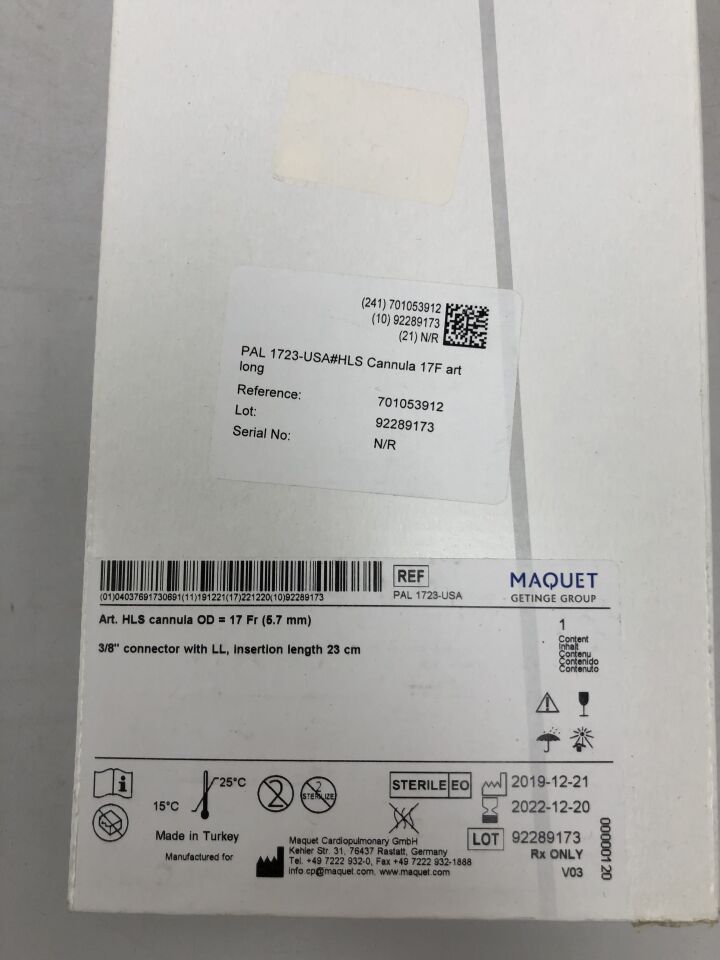 PAL 1723-USA - MAQUET - Arterial HLS Cannula, 17Fr OD, 3/8" Connector with LL, 23cm Insertion Length, (BX/1) - ( Expiry Date: 2022-12-20 )