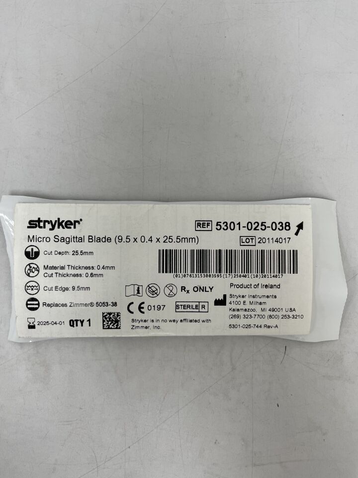 5301-025-038  -  STRYKER  -  Micro Sagittal Blade 9.5mm x 25.5mm x 0.4mm , ( EA )  -  ( Expiry Date : 2025-04-01 )