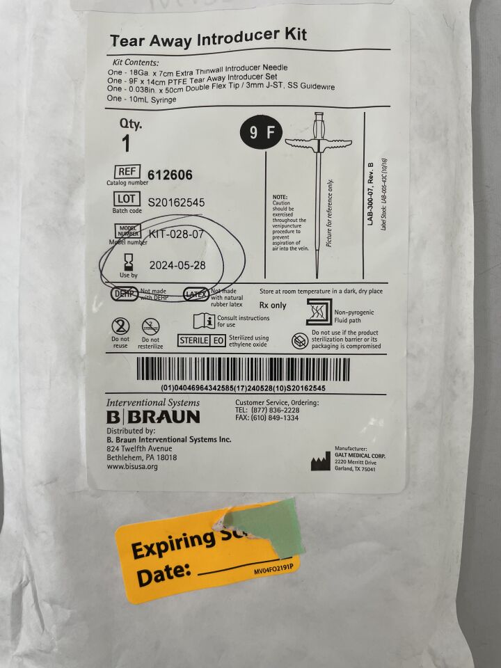 612606 - B BRAUN - Tear Away Introducer Kit - 9Fr x 14cm, (EA)