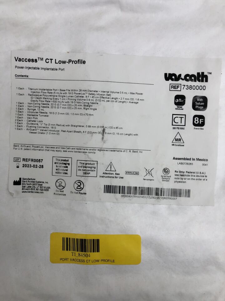 7380000 - BARD - Vaccess CT Low-Profile Power-Injectable Implantable Port, Air Guard, 8F, with Suture Plugs, (EA) - ( Expiry Date: 2023-02-28 )