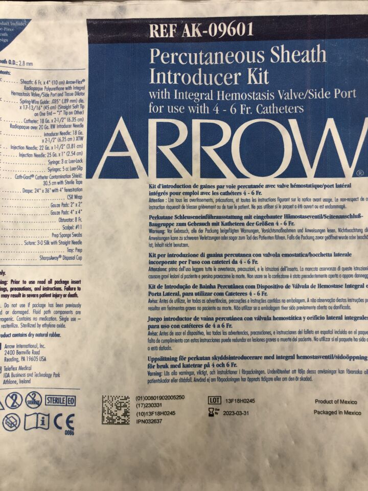 AK-09601 - TELEFLEX - ARROW Percutaneous Sheath Introducer Kit with Integral Hemostasis Valve/Side Port for use with 4 - 6 Fr. Catheters, (EA) - ( Expiry Date: 2023-03-31 )
