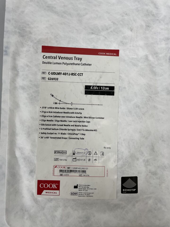G26932 - COOK - Double Lumen Polyurethane CVC Tray, Standard 4F x 12cm, (EA) - ( Expiry Date: 2024-01-12 )