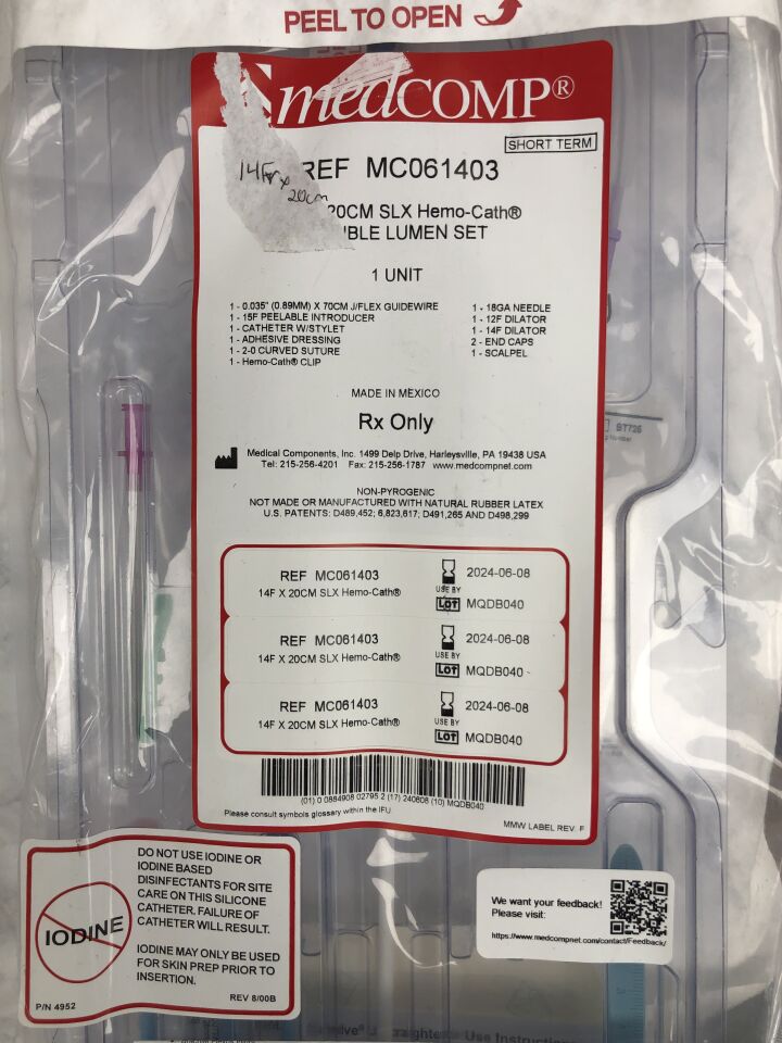 MC061403 - MEDICAL COMPONENTS INC. - SLX Hemo-Cath Double-Lumen Hemodialysis Catheter, 14F x 20cm, (EA)