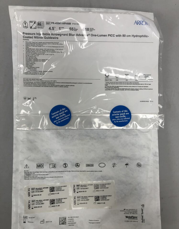 PR-45541-HPHNM - TELEFLEX - ARROW Pressure Injectable Arrowg+ard Blue Advance One-Lumen PICC with 80cm Hydrophilic-Coated Nitinol Guidewire, 45FR x 55cm , 0.018" diameter spring-wire guide, (EA) - ( Expiry Date: 2024-05-23 )