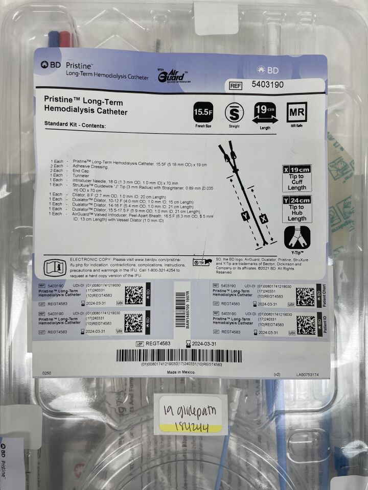 5403190 - BARD - Pristine Long-Term Hemodialysis Catheter, 15.5F, Straight, 19cm length, (BX/1) - ( Expiry Date: 2023-08-11 )