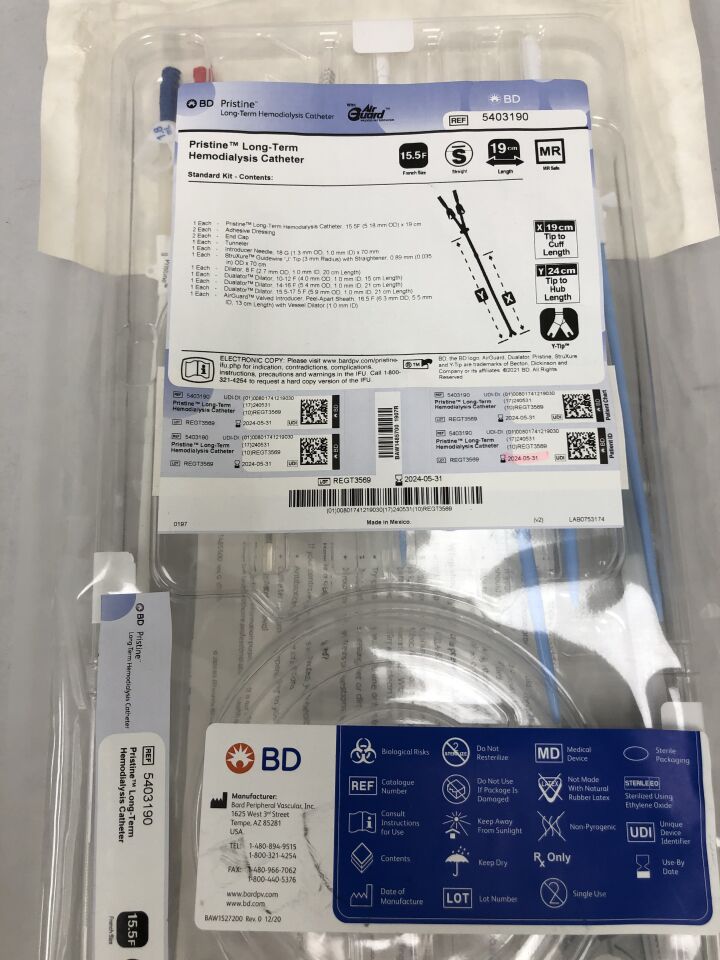 5403190 - BARD - Pristine Long-Term Hemodialysis Catheter, 15.5F, Straight, 19cm length, () - ( Expiry Date: 2024-05-31 )