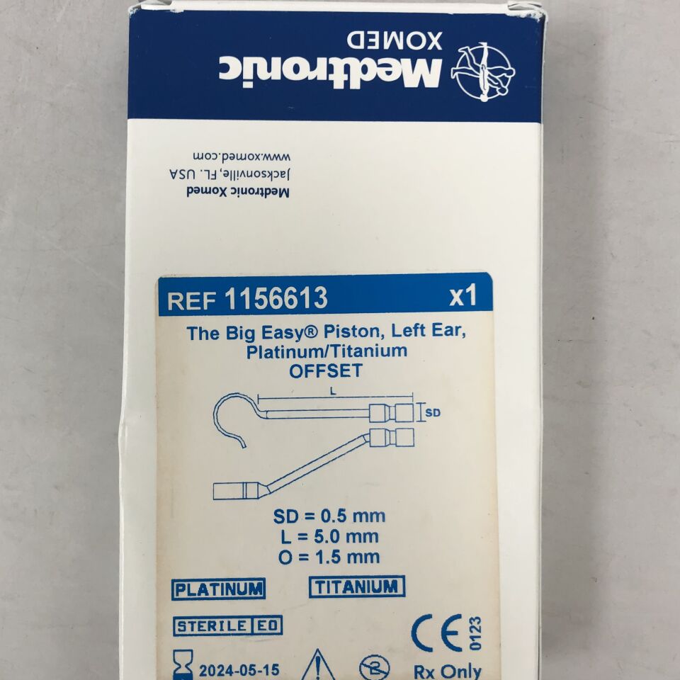 1156613 - MEDTRONIC - The Big Easy Piston, Prosthesis, Left Ear, Platinum/Titanium, Offset, 0.5mm SD, 5.0mm L, 1.5mm O, (BX/1) - ( Expiry Date: 2024-05-15 )