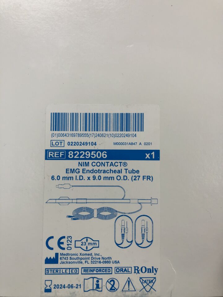 8229506 - MEDTRONIC - NIM CONTACT EMG Endotracheal Tube, 6mm ID x 9mm OD, (BX/1) - ( Expiry Date: 2024-06-21 )