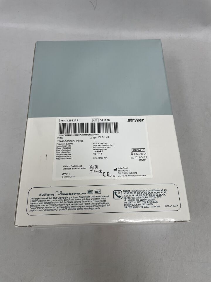 425922S - STRYKER - Infrapectineal Plate, Lard, QLS Left, (BX/1) - ( Expiry Date: 2024-03-31 )