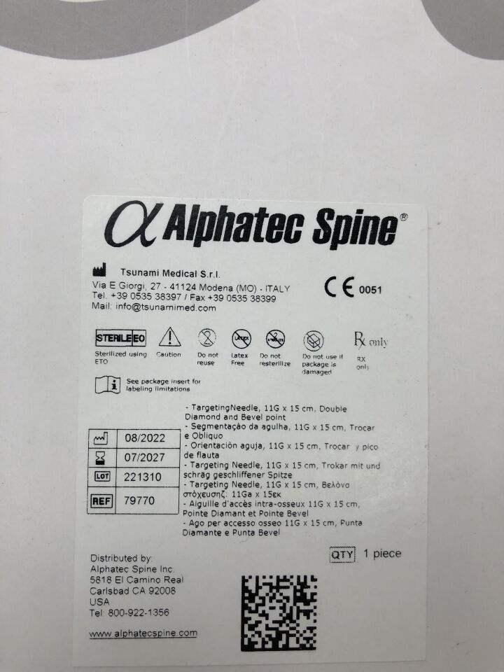 79770 - ALPHATEC SPINE - Aguja de puntería, 11 G x 15 cm, punta de diamante doble y biselada, (caja/1) - (Fecha de caducidad: 01/07/2027)