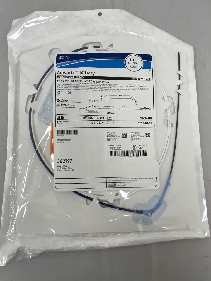 AdvaniX biliary stent with Naviflex RX delivery system in sealed medical packaging