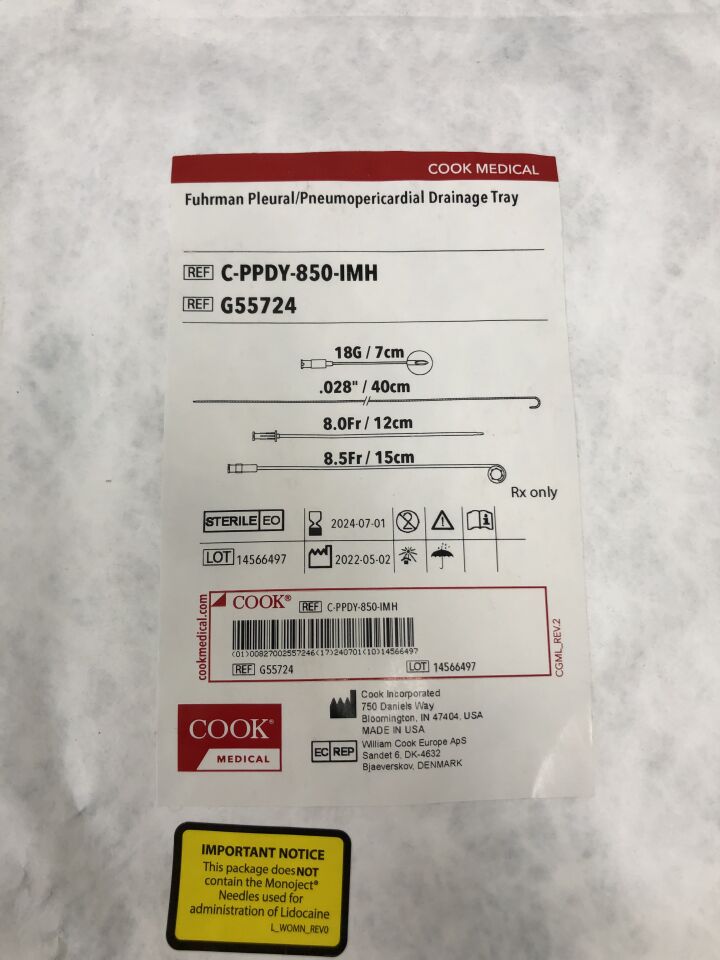G55724 - COOK - Fuhrman Pleural/Pneumopericardial Drainage Tray, 18G, 40cm x 12cm x 15cm, (EA) - ( Expiry Date: 2024-07-01 )