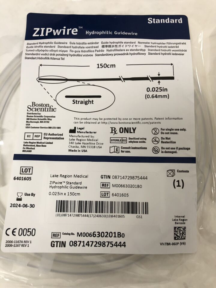 630-201B - LAKE REGION - ZIPwire Hydrophilic Guidewire, Standard, Straight 150cm x 0.025in, (EA) - ( Expiry Date: 2024-06-30 )