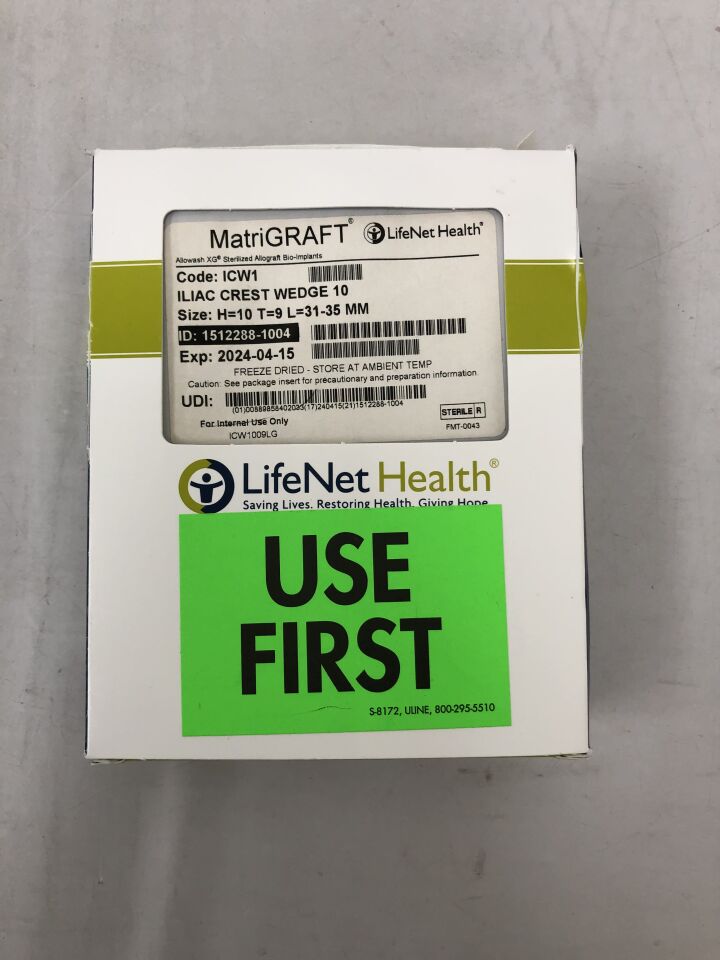 ICW1 - LIFENET HEALTH - MatriGRAFT Allograft Bio-Implants Iliac Crest Wedge, 10mm X 9mm X 31-35mm, (BX/1) - ( Expiry Date: 2024-04-15 )