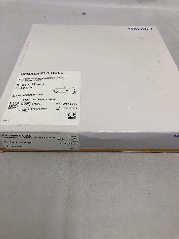 M002020852410 - MAQUET - Hemashield Gold Knitted Microvel Double Velour Vascular Graft, Bifurcated, 24mm x 12mm x 40cm, () - ( Expiry Date: 2022-07-31 )