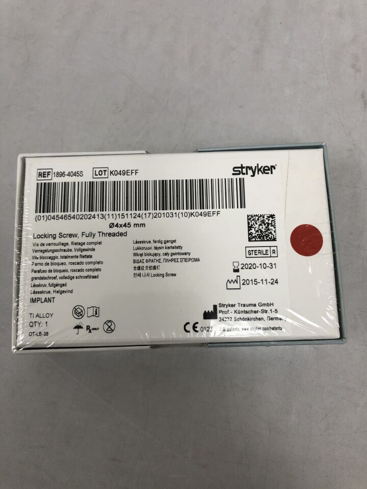 1896-4045S - STRYKER - Locking Screw, Fully Threaded, 4mm diameter X 45mm, (BX/1) - ( Expiry Date: 2020-10-31 )