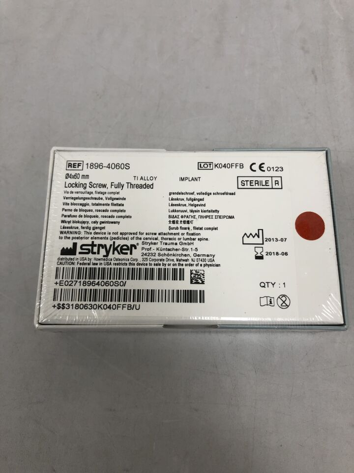 1896-4060S - STRYKER - Locking Screw, Fully Threaded, 4mm diameter X 60mm, (BX/1) - ( Expiry Date: 2018-06-01 )