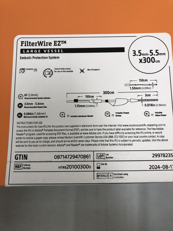20100300 - BOSTON SCIENTIFIC - FilterWire EZ Large Vessel Embolic Protection System 3.5mm - 5.5mm x 300cm, () - ( Expiry Date: 2024-08-17 )