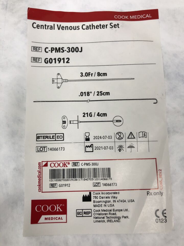 G01912 - COOK - Central Venous Catheter Set, 3F, 21G, (EA) - ( Expiry Date: 2024-07-03 )