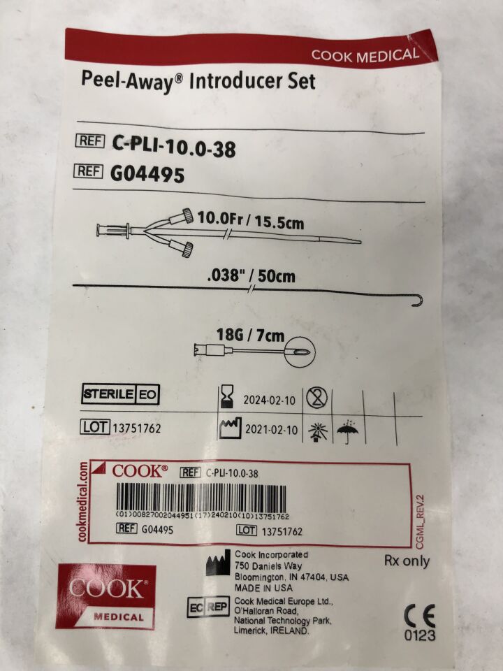 G04495 - COOK - Peel-Away Introducer Set, 10F, 0.038in, 18G, (EA) - ( Expiry Date: 2024-02-10 )