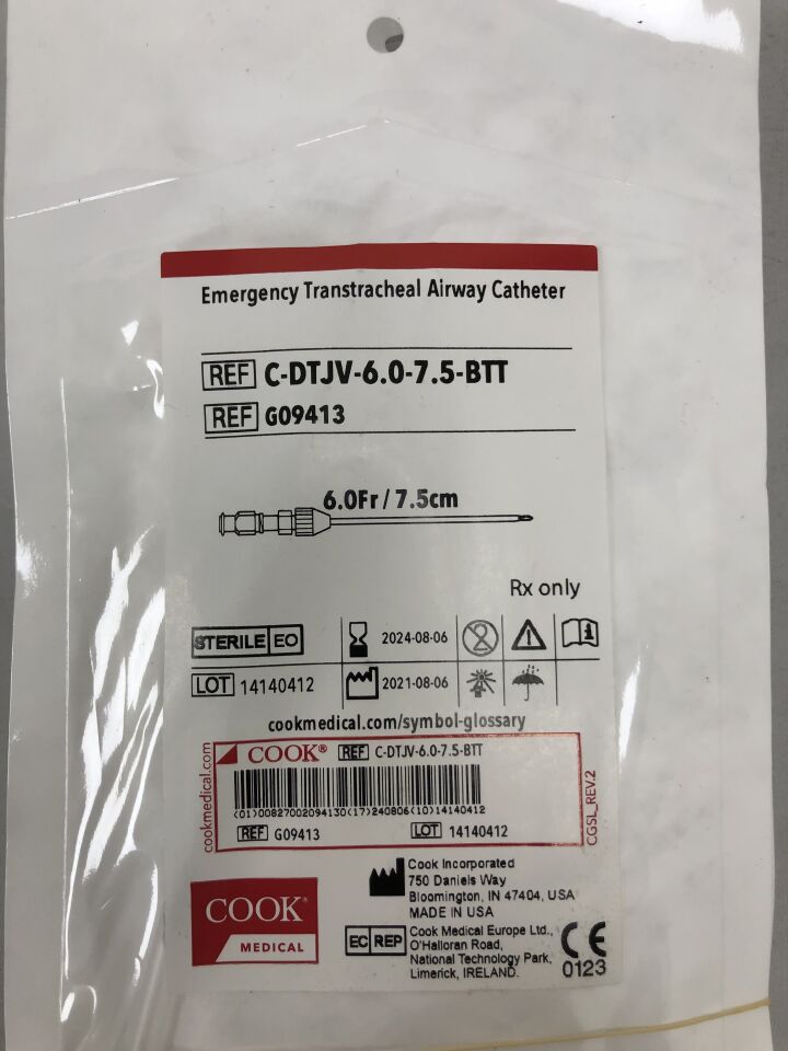 G09413 - COOK - Emergency Transtracheal Airway Catheter, 6.0Fr/7.5cm , () - ( Expiry Date: 2024-08-06 )
