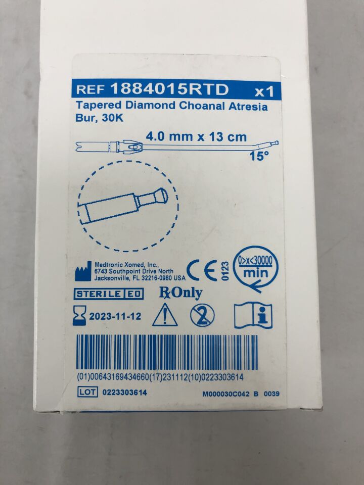 1884015RTD - MEDTRONIC - 30K Tapered Diamond Choanal Atresia Burr, 4 mm dia. x 13 cm Length, 15° Angle, (BX/1) - ( Expiry Date: 2023-11-12 )