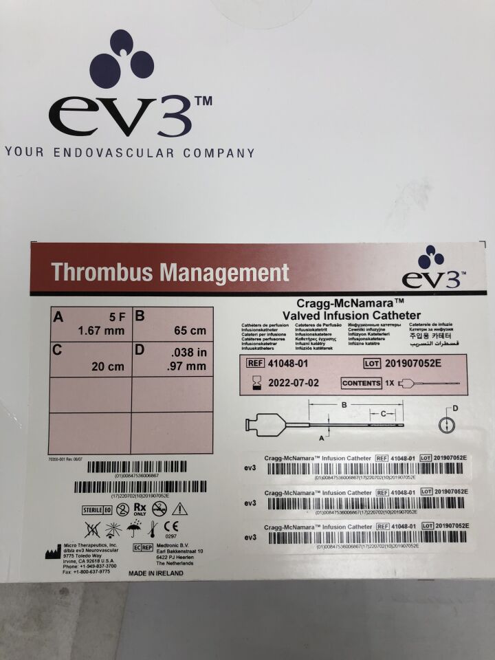 41048-01 - MICRO THERAPEUTICS - Cragg-Mcnamara Valved Infusion Catheter, 65cm length, 5F, 20cm, () - ( Expiry Date: 2022-07-02 )