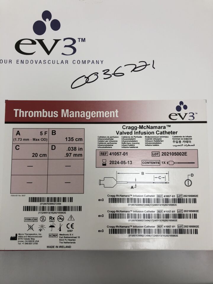 41057-01 - MICRO THERAPEUTICS - Cragg-Mcnamara Valved Infusion Catheter, 135cm length, 5F, 20cm, () - ( Expiry Date: 2024-05-13 )