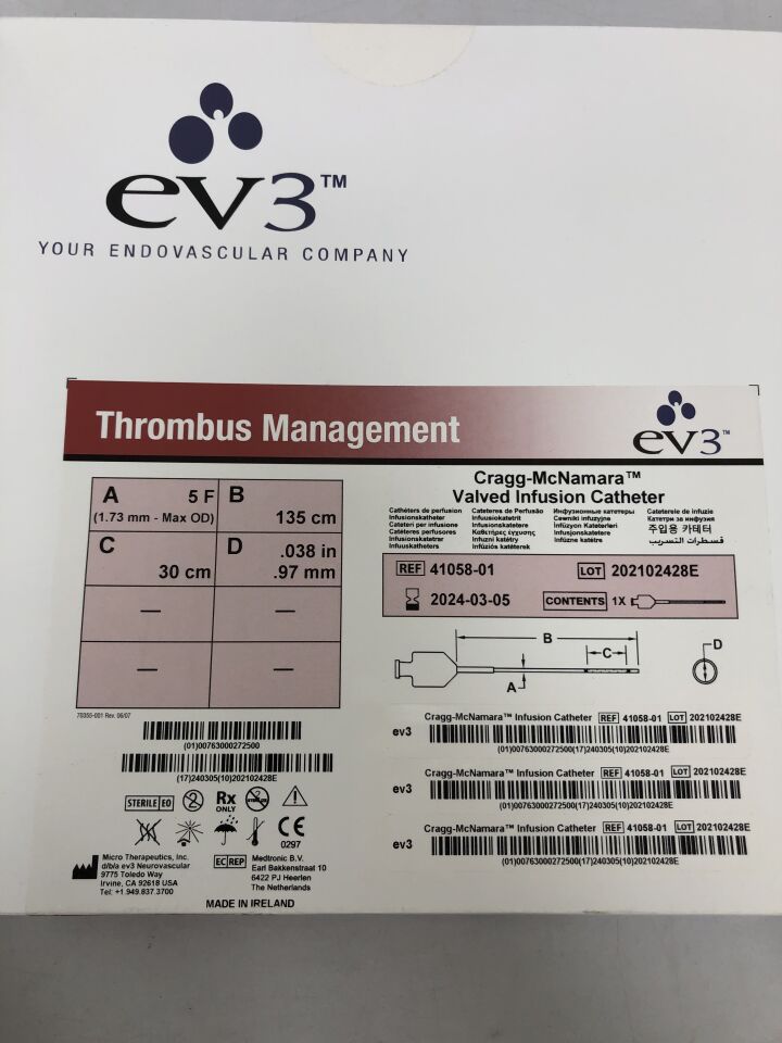 41058-01 - MICRO THERAPEUTICS - Cragg-Mcnamara Valved Infusion Catheter, 135cm length, 5F, 30cm, () - ( Expiry Date: 2024-03-05 )