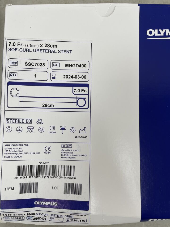 SSC7028 - OLYMPUS - Sof-Curl Ureteral Stent 7F x 28cm, (BX/1) - ( Expiry Date: 2024-03-06 )