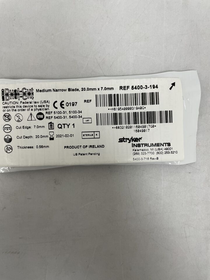 5400-3-194 - STRYKER - Micro Sagittal Saw Blade, Medium, 20 L x 7 mm W, 0.38 mm, (EA) - ( Expiry Date: 2021-02-01 )