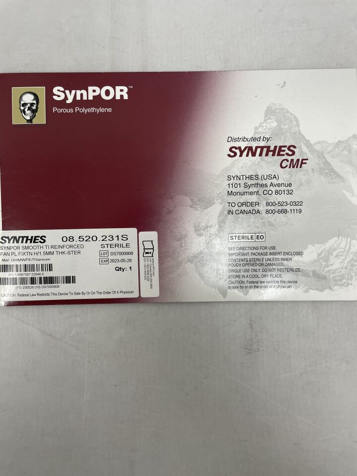 08.520.231S - SYNTHES - SynPOR Porous Polyethylene Impalnt w/Fixation Holes 1.5mm, (BX/1) - ( Expiry Date: 2023-05-28 )
