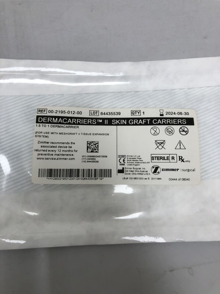 00-2195-012-00 - ZIMMER - Dermacarriers II Skin Graft Carriers 1.5 to 1, () - ( Expiry Date:  )