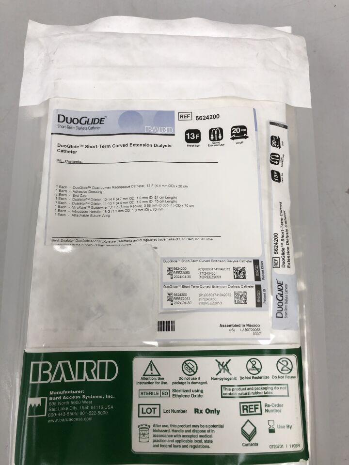 5624200 - BARD - DuoGlide 13F Short-Term Dual Lumen Dialysis Catheter Kit, Standard, Curved 20cm, (EA) - ( Expiry Date: 2024-04-30 )