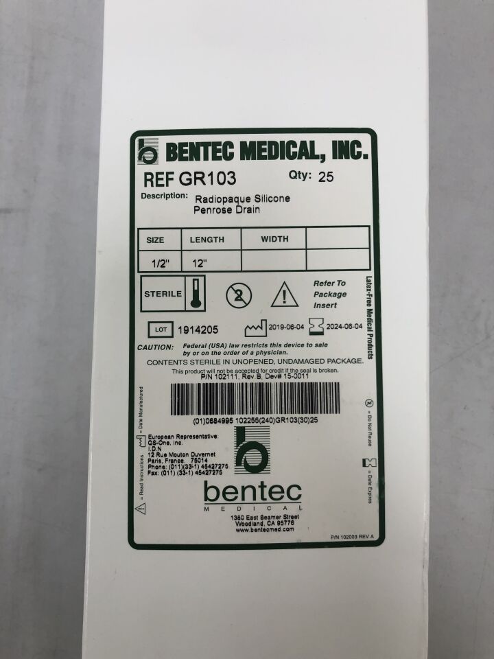 GR103 - BENTEC - Radiopaque Silicone Penrose Drain, 0.5in X 12in length, (BX/25) - ( Expiry Date: 2024-06-05 )