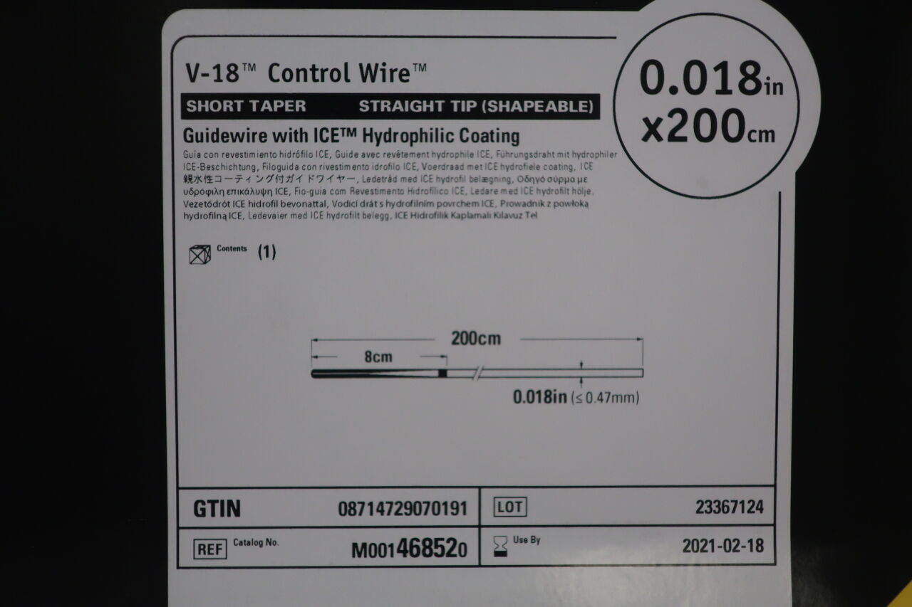 46852 - BOSTON SCIENTIFIC - V-18 Control Wire Guidewire with ICE Hydrophilic Coating, Short Taper, Straight Tip (Shapeable), 0.018" x 200cm, (EA) - ( Expiry Date: 2024-03-11 )