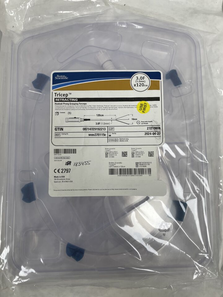 370115 - BOSTON SCIENTIFIC - tricep retracting hooked-prong grasping forceps, 3.0fr (1.0mm) x 120cm, (EA) - ( Expiry Date: 2024-04-27 )