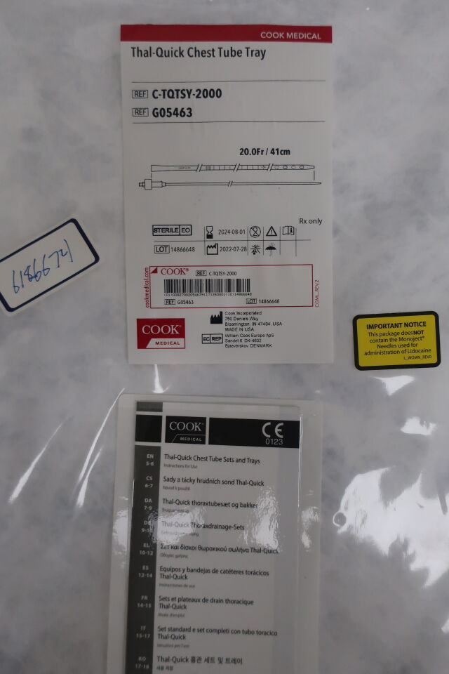 G05463 - COOK - Thal-Quick Chest Tube Tray, 20Fr, () - ( Expiry Date: 2024-07-01 )