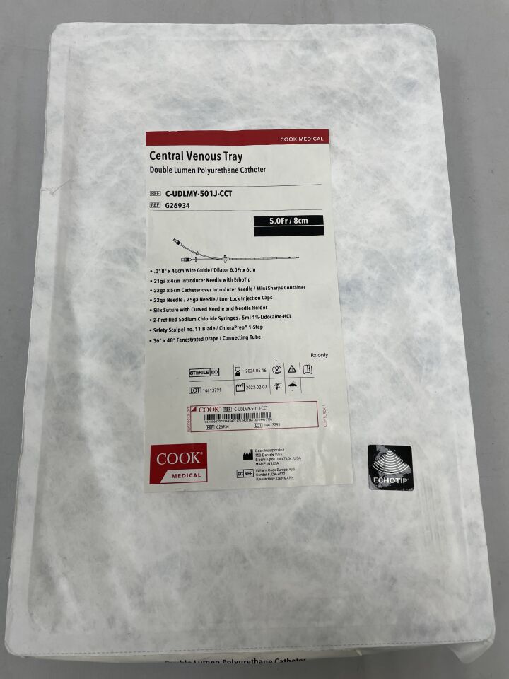 G26934 - COOK - Central Venous Tray Double Lumen Polyurethane Catheter, 5.0Fr/8cm, (EA) - ( Expiry Date: 2024-05-16 )
