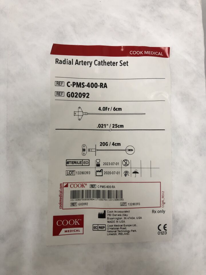 G02092 - COOK - Radial Artery Catheter Set, 4.0F, 0.021in, 20G , (EA) - ( Expiry Date: 2023-07-01 )