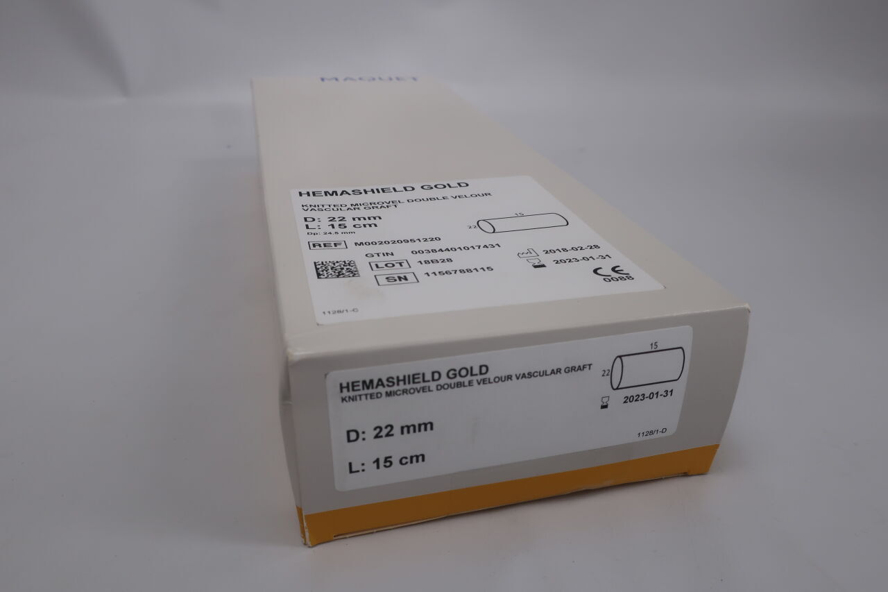 M002020951220 - MAQUET - HemaShield Gold Knitted Microvel Double Velour Vascular Graft, 22mm X 15cm length, (BX/1) - ( Expiry Date: 2023-09-30 )
