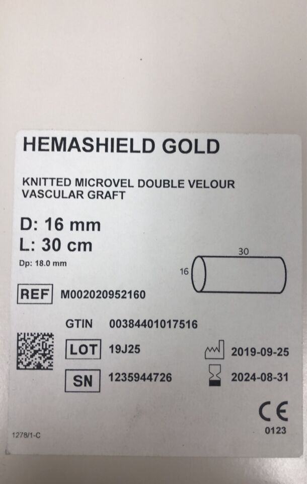 M002020952160 - MAQUET - HemaShield Gold Knitted Microvel Double Velour Vascular Graft, 16mm X 30cm length, (BX/1) - ( Expiry Date: 2023-06-30 )