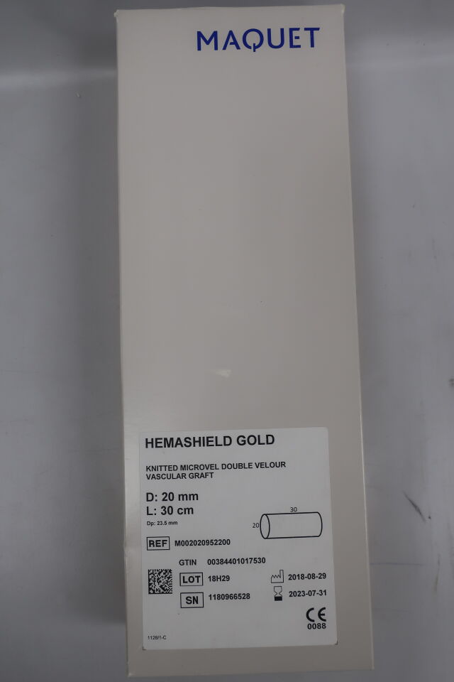 M002020952200 - MAQUET - HemaShield Gold Knitted Microvel Double Velour Vascular Graft, 20mm X 30cm length, (BX/1) - ( Expiry Date: 2023-08-31 )